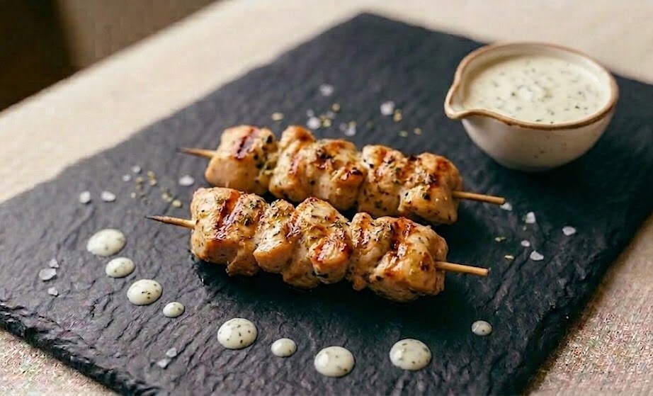 Мини‑шашлычки из куриного филе со сливочным соусом с зеленью, 120\30г.