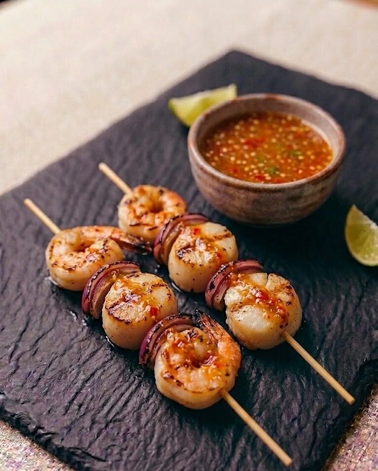 Шашлыки из морепродуктов: креветки, морской гребешок, соус тайский,120\30г.