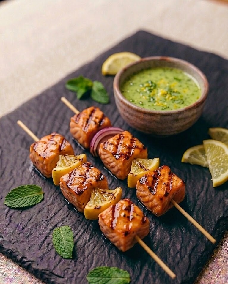 Кубики из лосося на гриле с лимонно‑мятным соусом,120\30г.